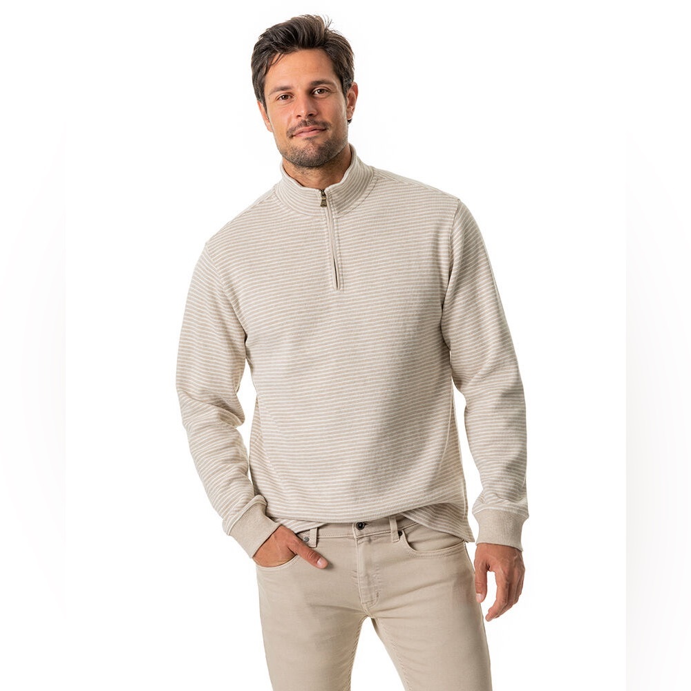 Rodd & Gunn Beige White Striped Riverlands Sweatshirt 1/4 Zip 100% Cotton Size M